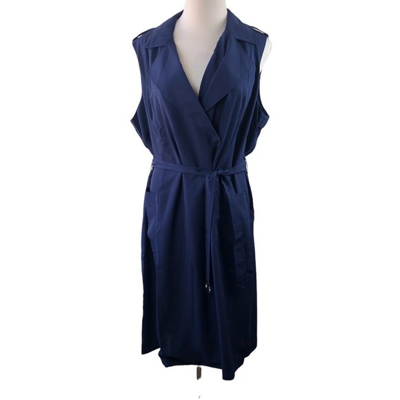 NWT Lane Bryant Sleeveless Trench Coat Navy Blue Long Tie Vest Plus Size 26/28 - Picture 3 of 8